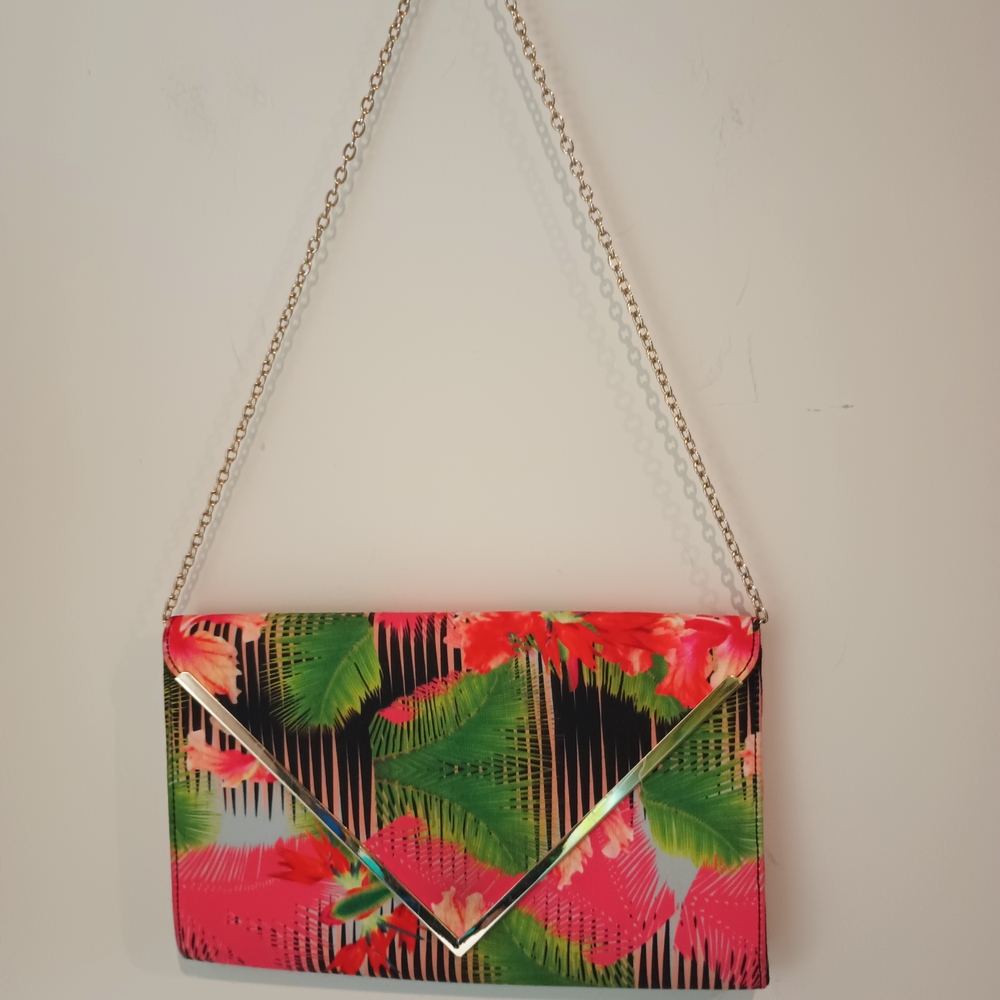 Aldo Floral Campagnano Clutch Shoulder Bag Purse Gold Chain Hawaiian Hibiscus